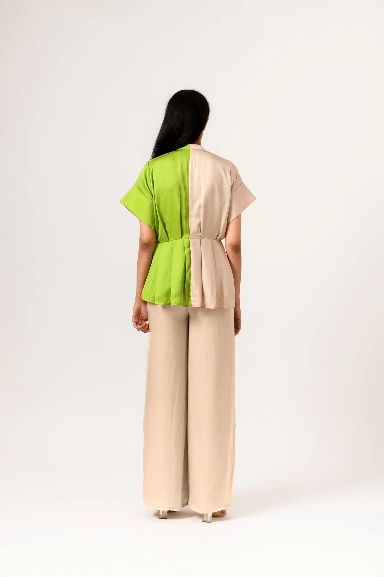 Ecru-Green Half-Half Blocked Blouse - Image 4