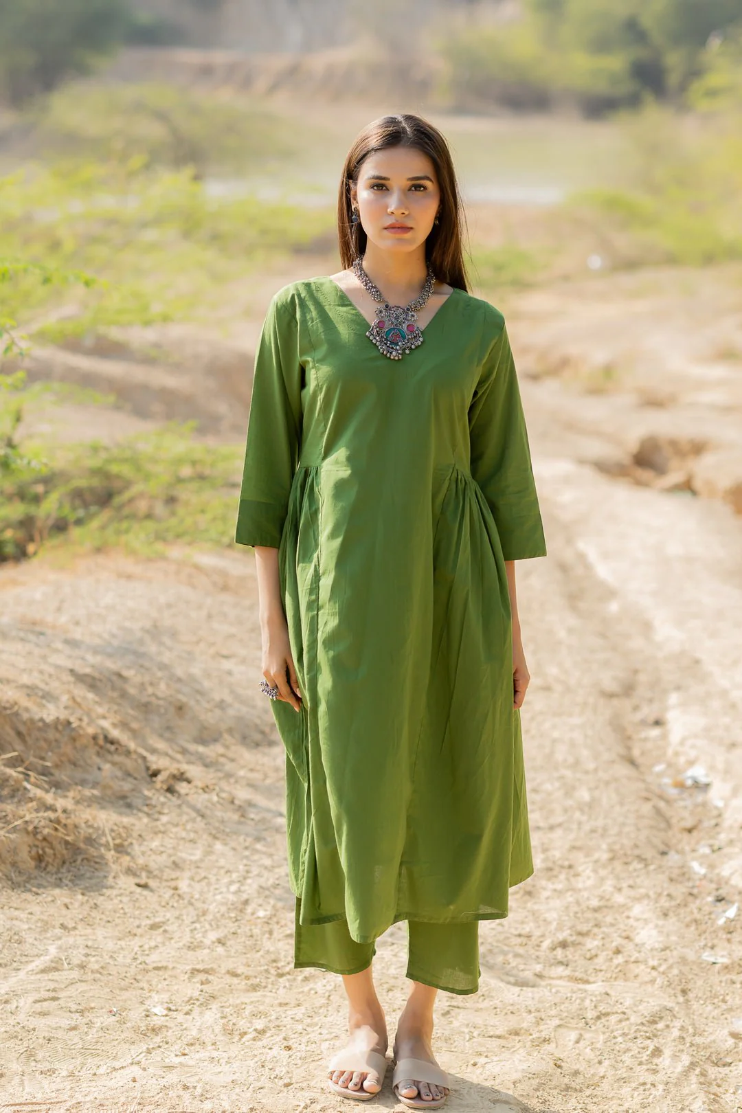 Forest Green Gathered Kurta Set with Jaamdani Dupatta - Image 8