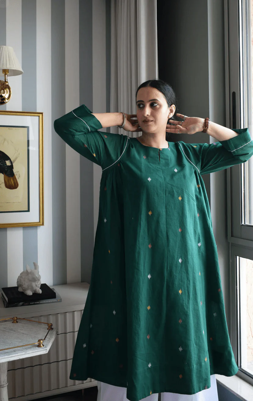 Forest Green Jamdani Kurta with Side Gathers - Image 2