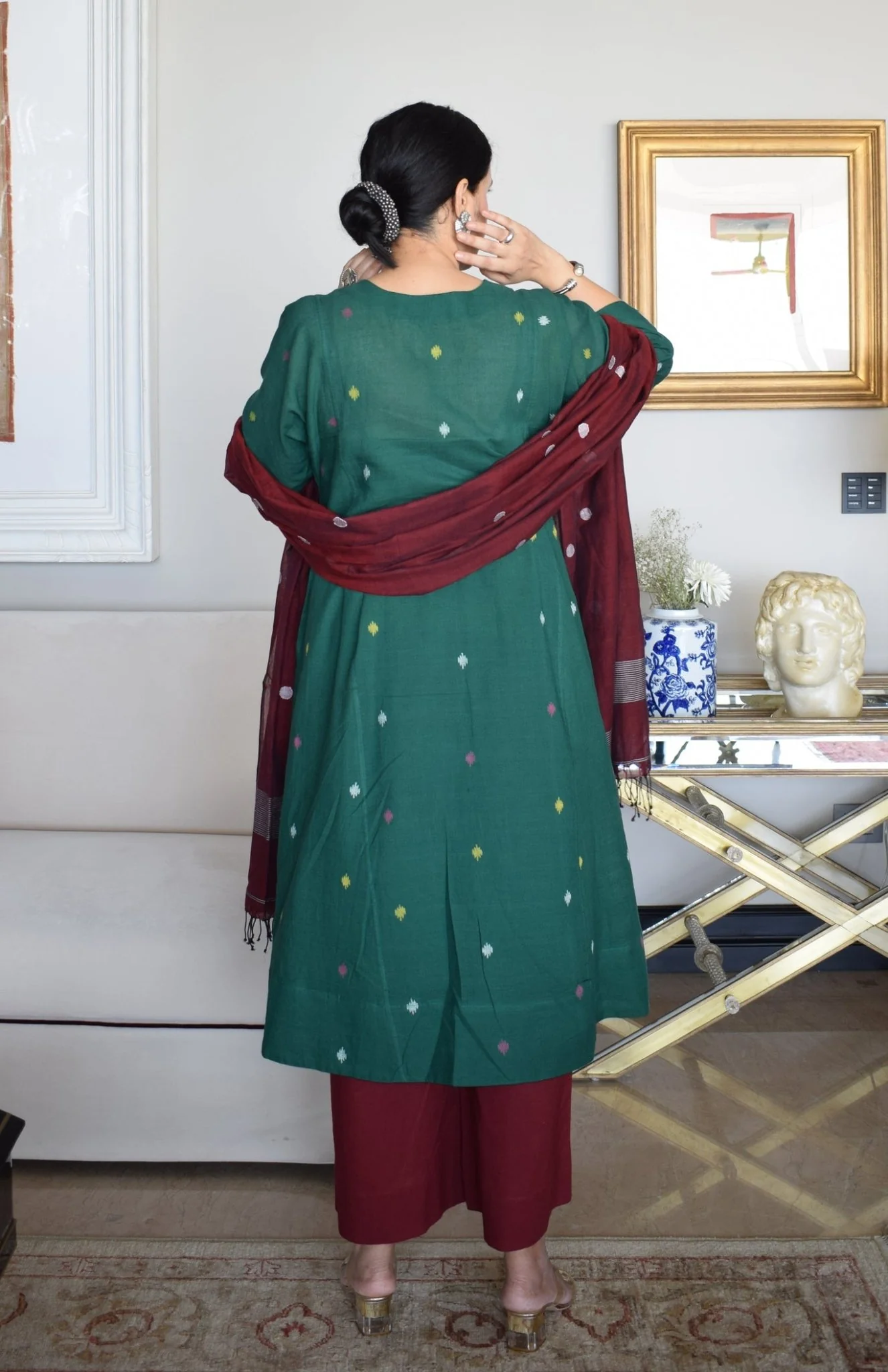 Forest Green Jamdani Phiran with Maroon Pyjama - Image 7