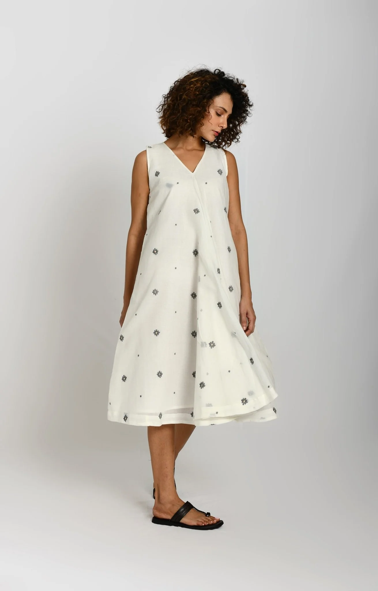 Front Flare Jamdani A- Line Dress- White - Image 4