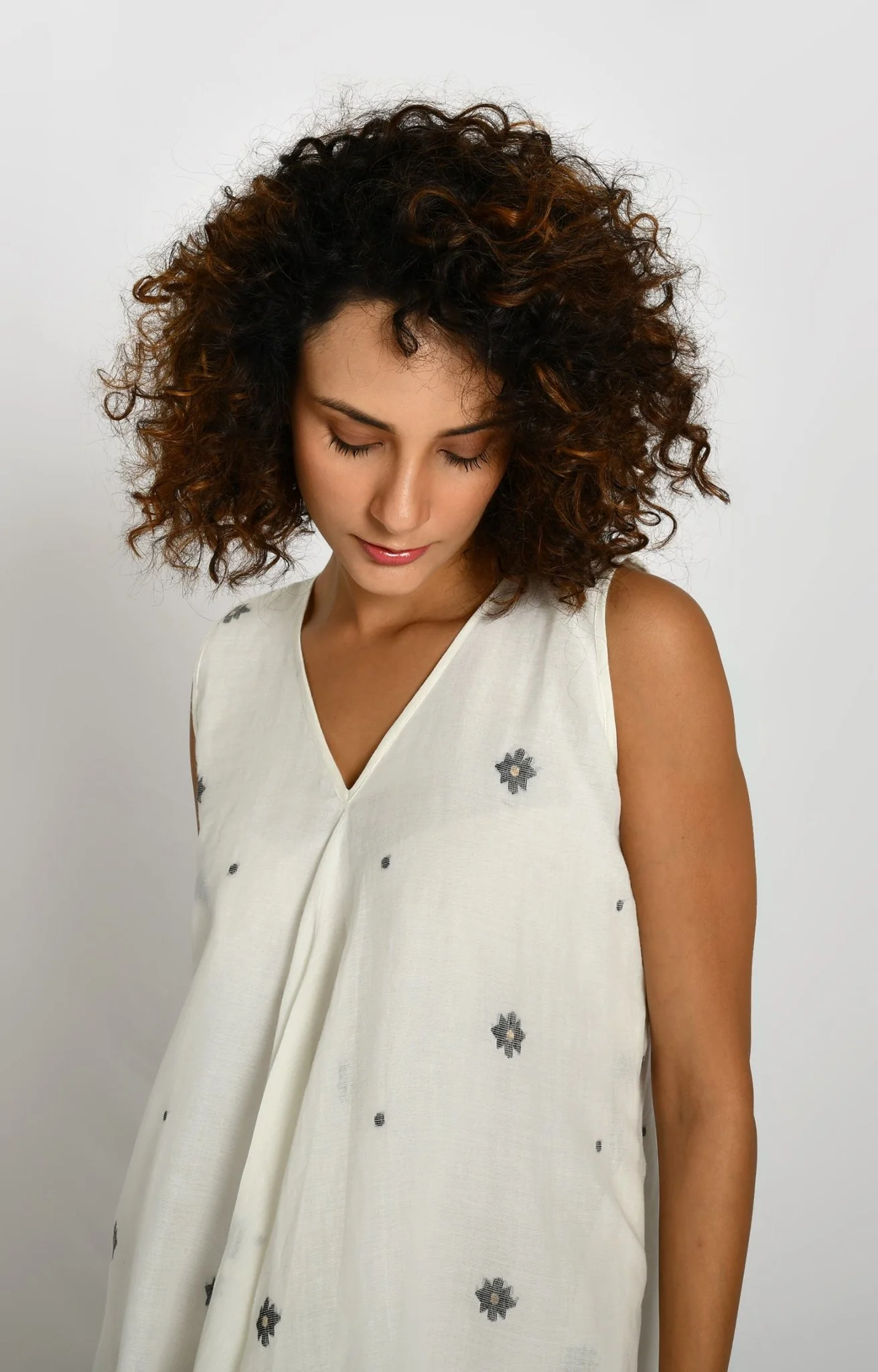 Front Flare Jamdani A- Line Dress- White - Image 6