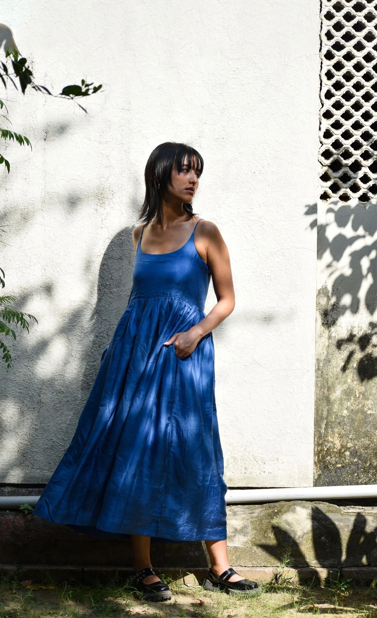 Gathered Silk Dress-Medium indigo - Image 6