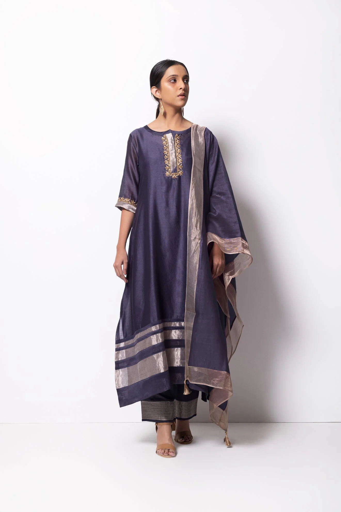 Grape Grey Chanderi Silk Kurta Set with Dupatta - Image 3