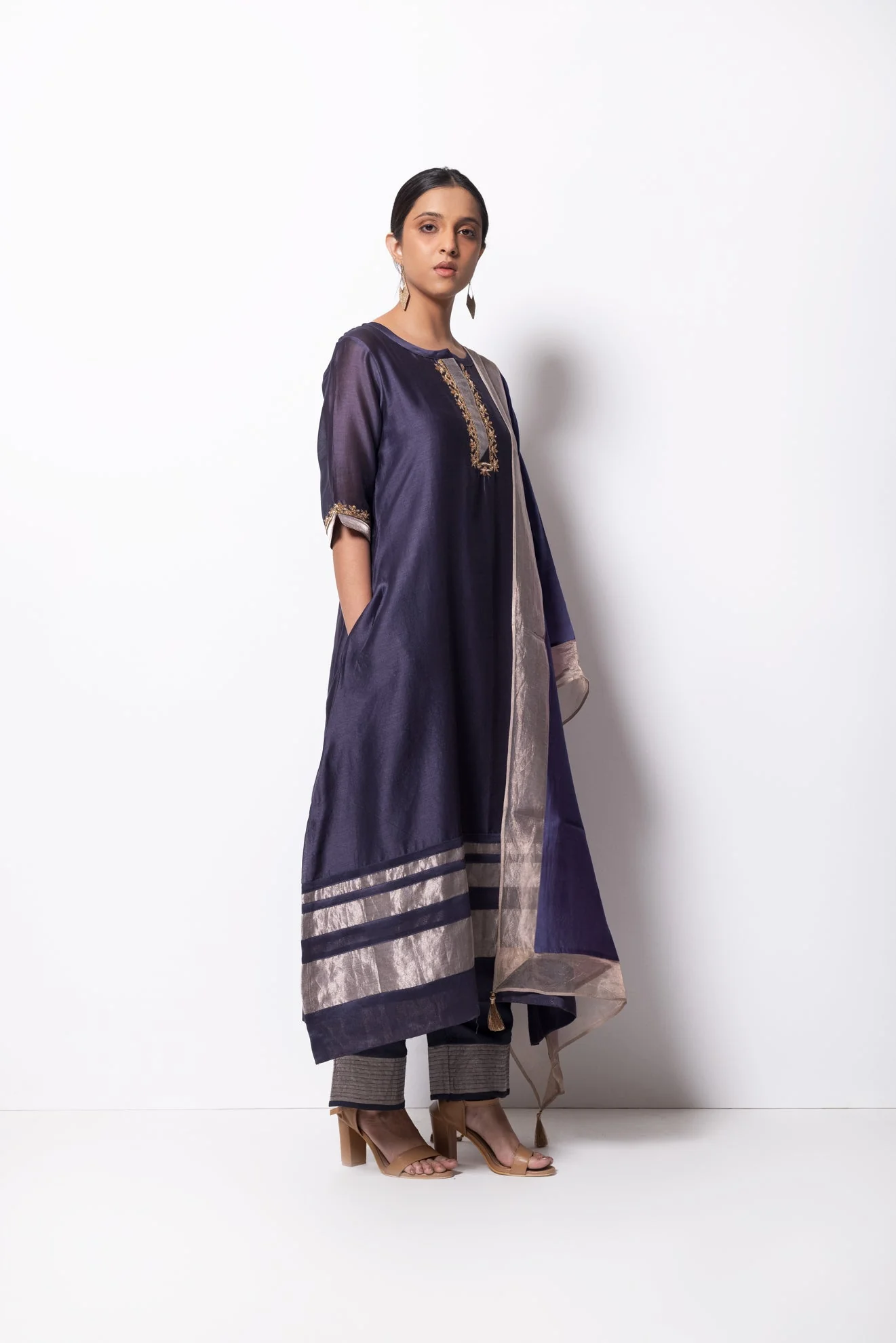 Grape Grey Chanderi Silk Kurta Set with Dupatta - Image 4