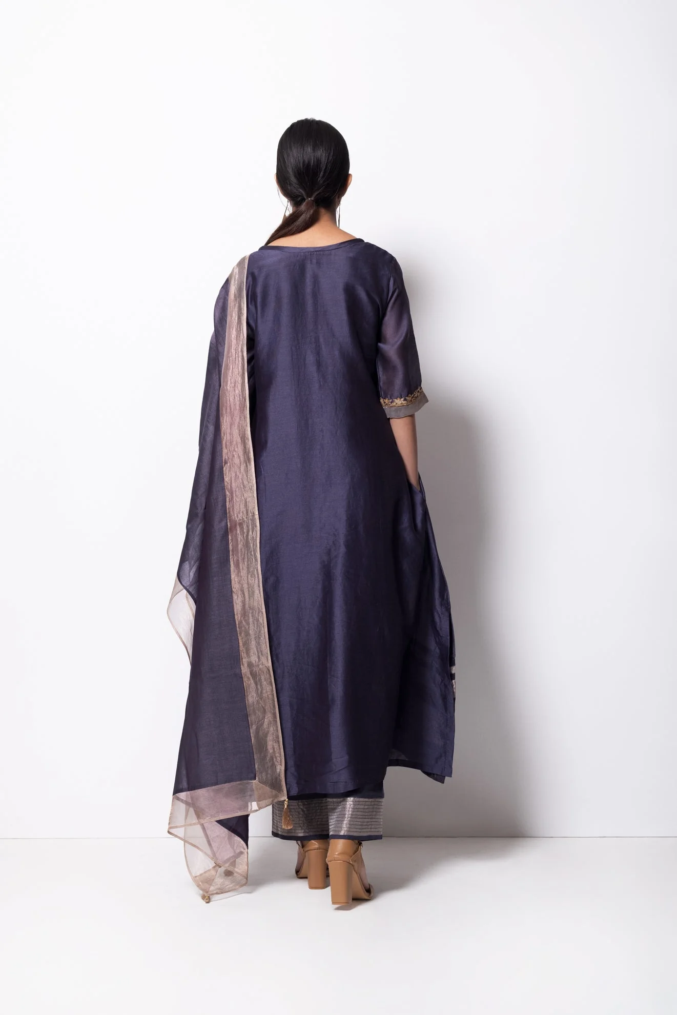 Grape Grey Chanderi Silk Kurta Set with Dupatta - Image 5