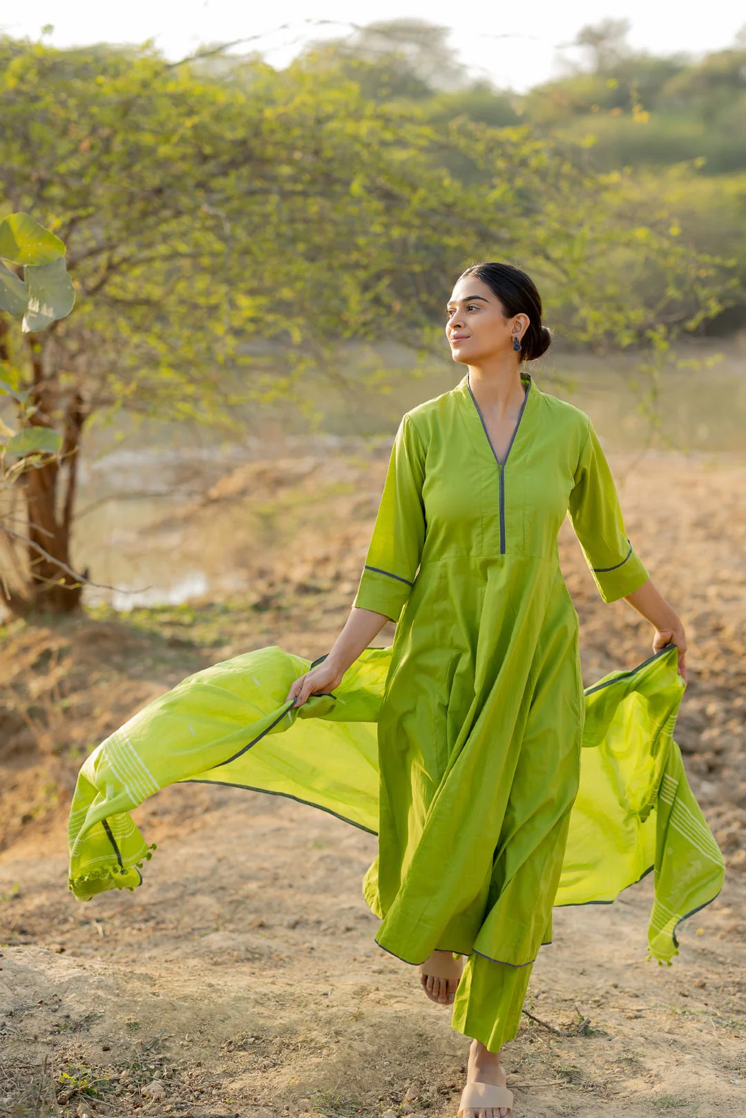 Green Pear Kalidaar Set with Jaamdani Dupatta - Image 2