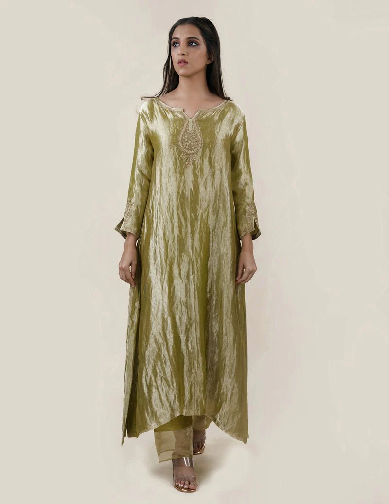 Green Tissue - A-line Kurta Set - Image 4