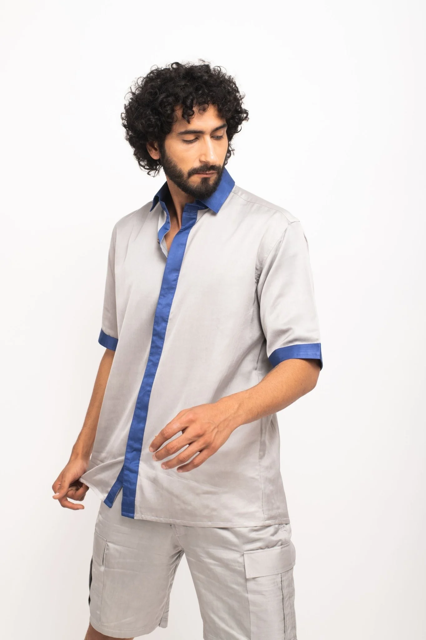 Grey-Blue Collar Colour Blocked Shirt - Image 2