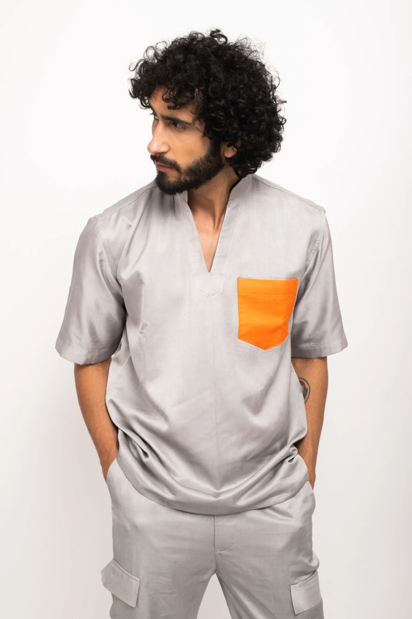 Grey-Orange Pocket Shirt - Image 3