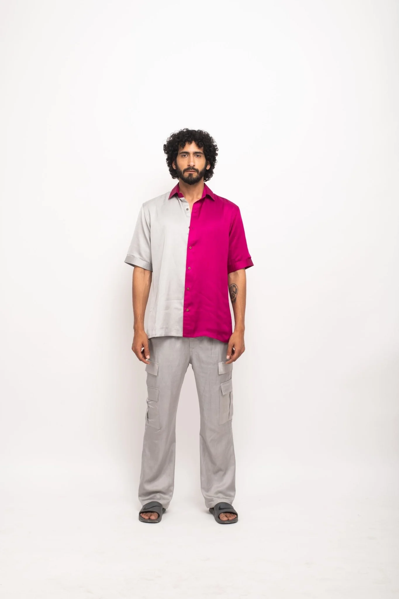 Grey-Wine Colour Blocked Shirt