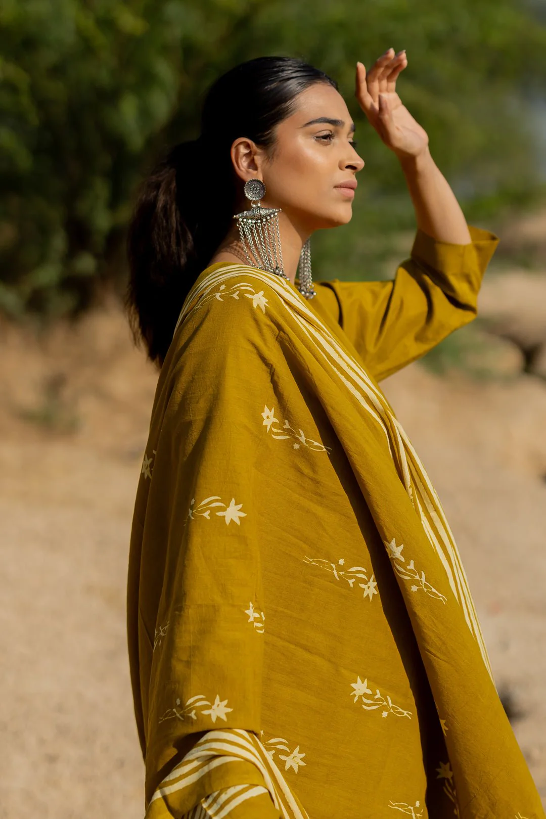 Henna Green Gathered Kurta Set with Block Printed Dupatta - Image 3