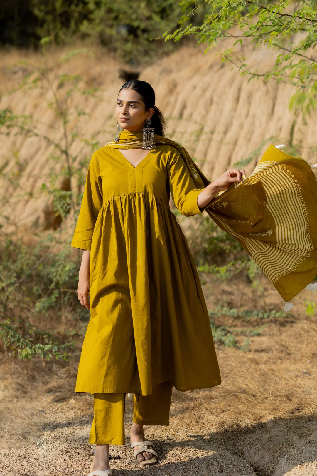 Henna Green Gathered Kurta Set with Block Printed Dupatta - Image 4