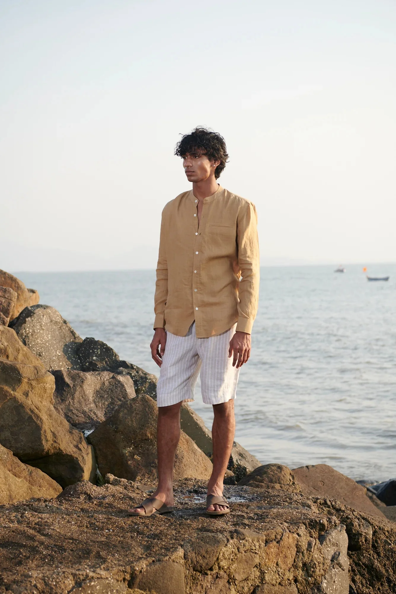 Husk Linen Men's Band Collar Shirt - Slim Fit - Image 5