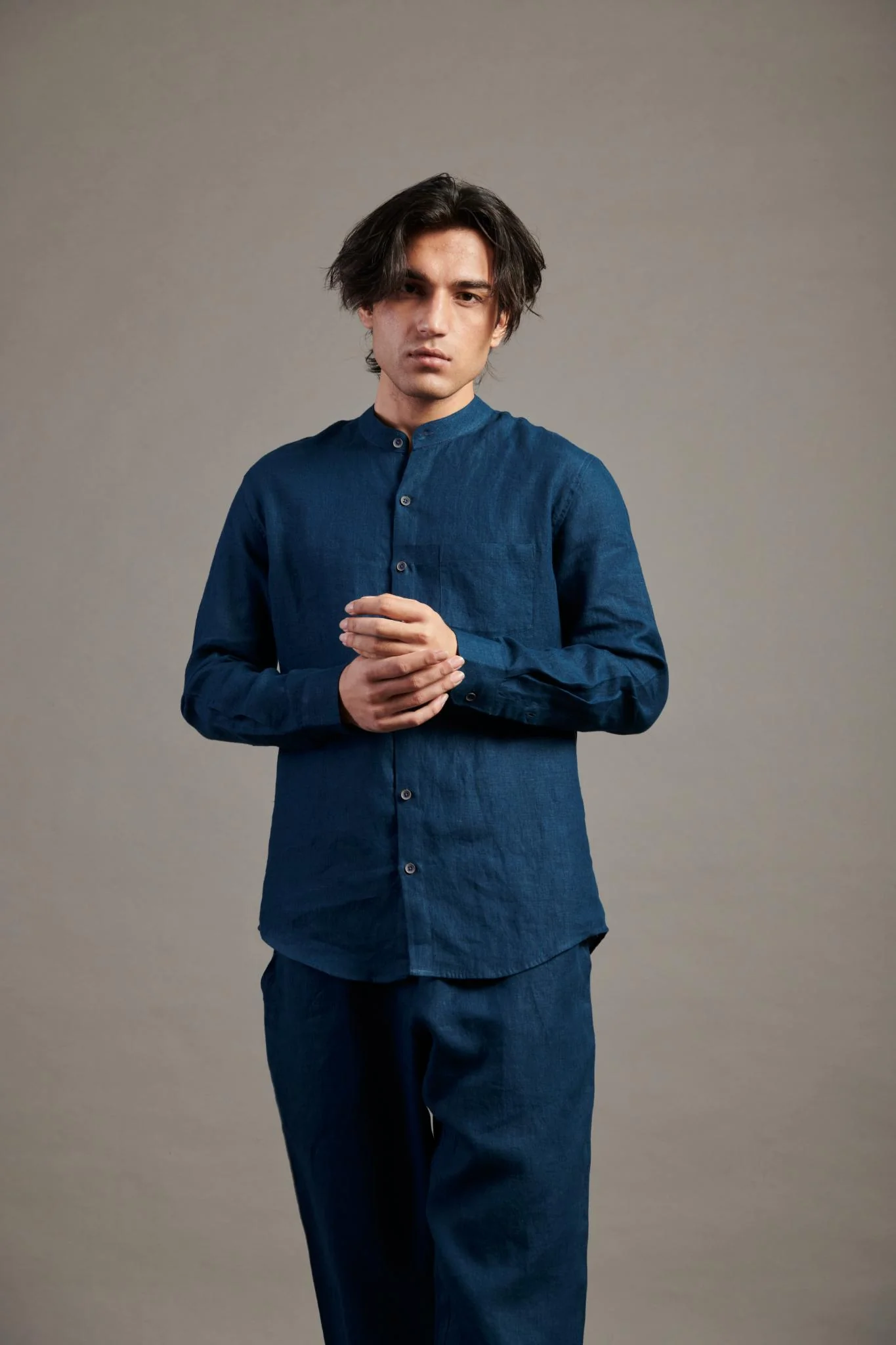 Indigo Linen Band Collar Shirt
