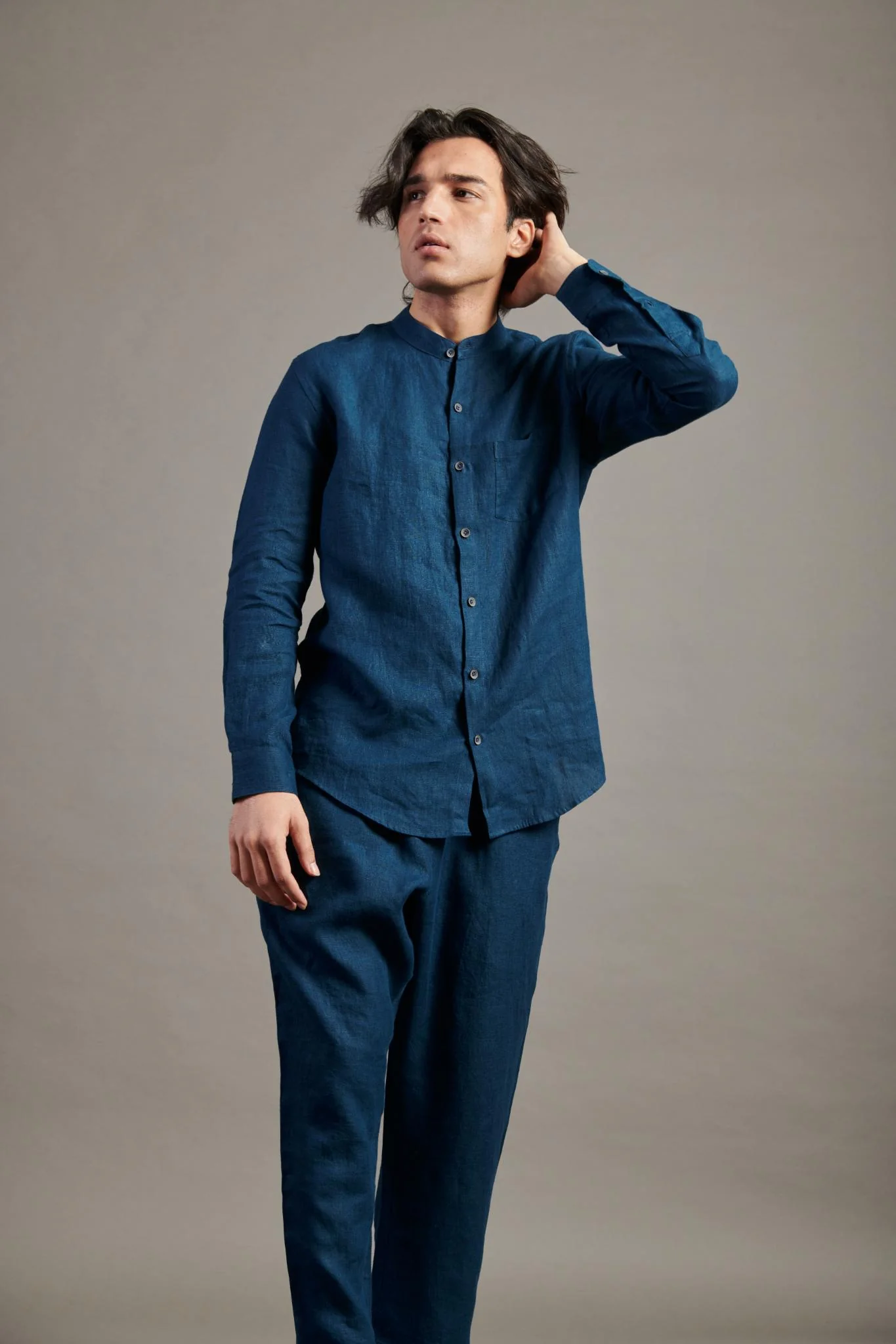 Indigo Linen Band Collar Shirt - Image 2