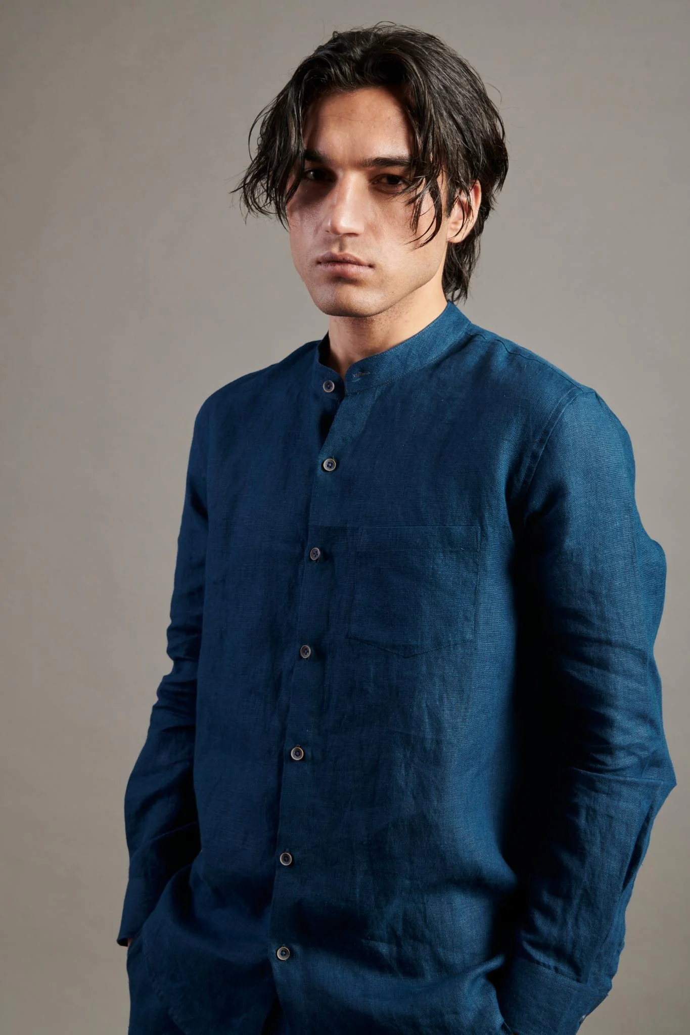 Indigo Linen Band Collar Shirt - Image 3