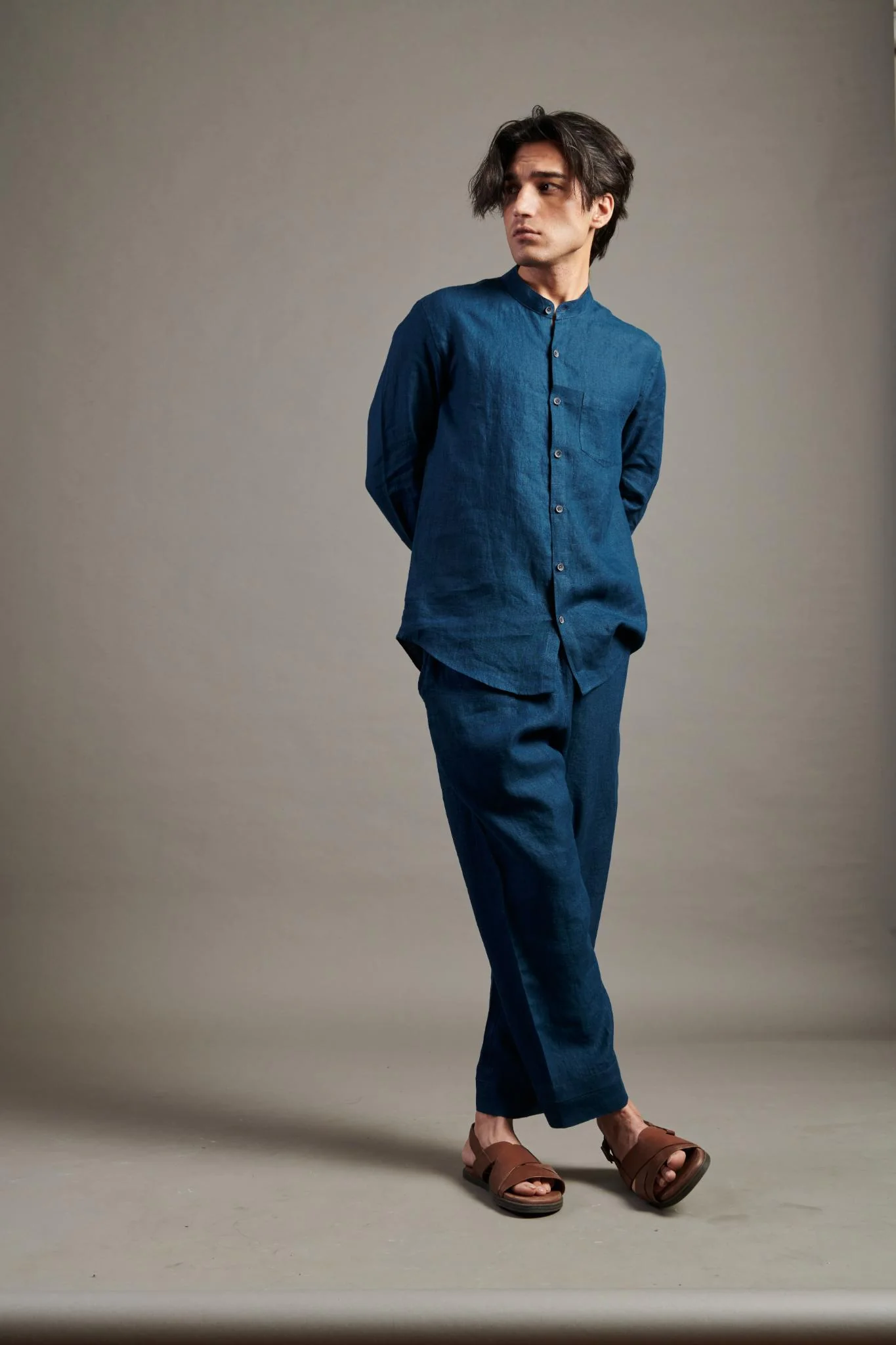 Indigo Linen Band Collar Shirt - Image 4