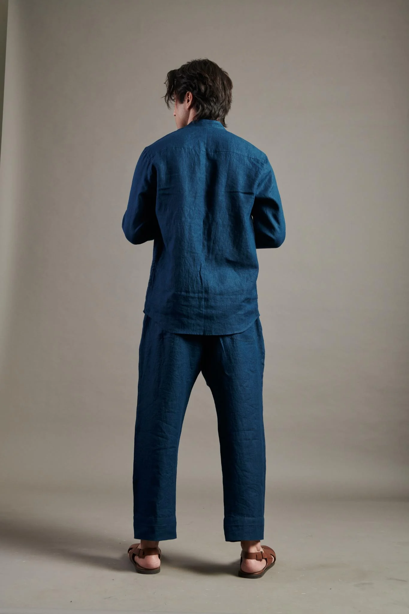 Indigo Linen Band Collar Shirt - Image 5