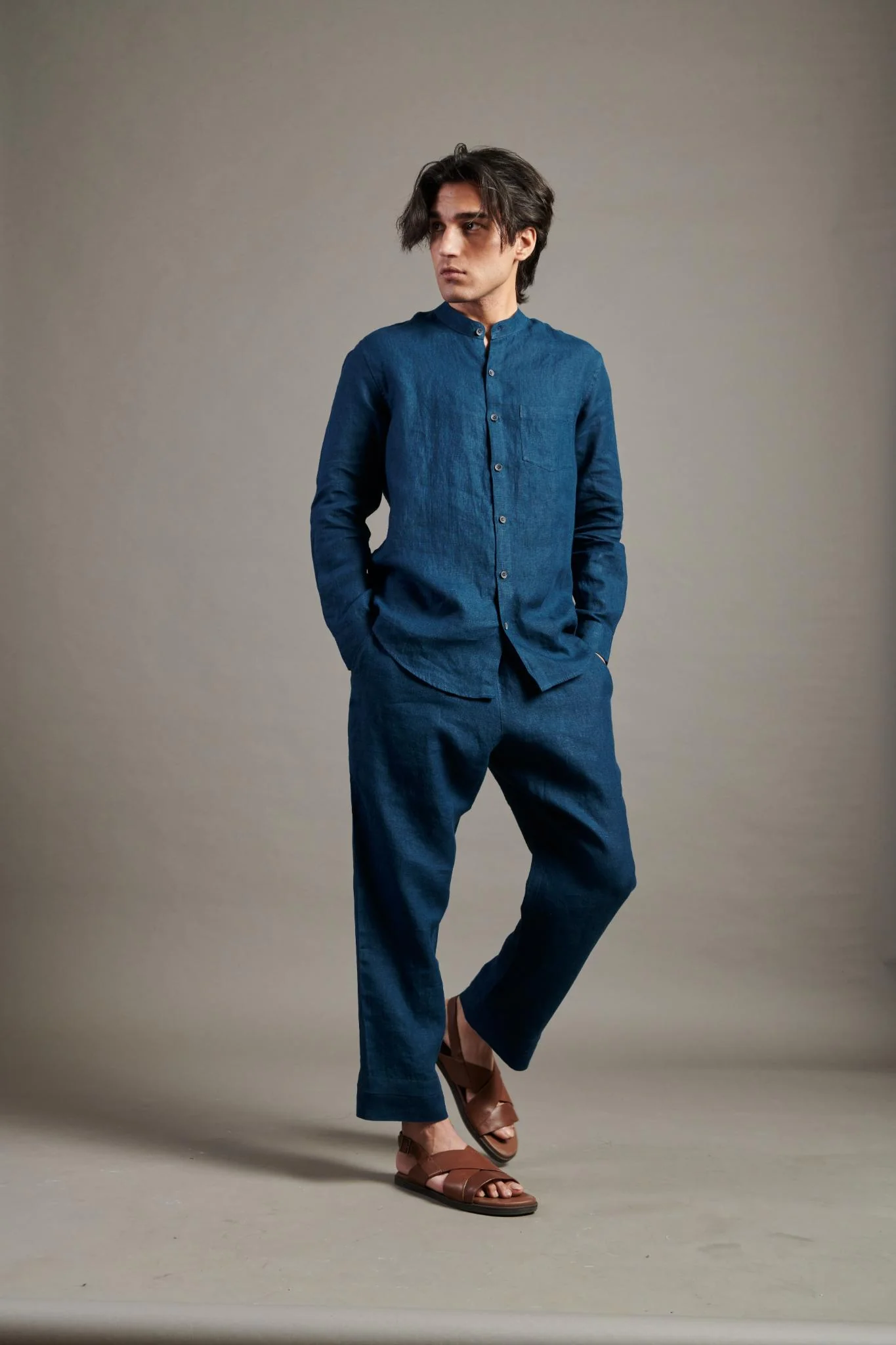 Indigo Linen Band Collar Shirt - Image 6