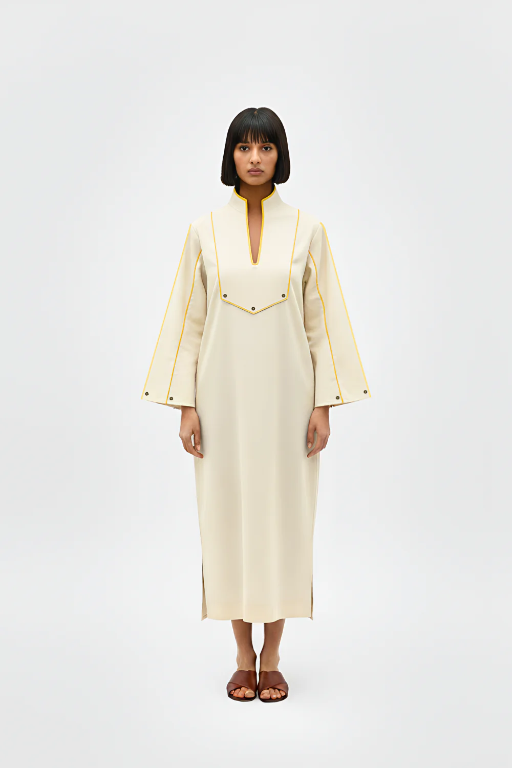 Ivory-Mango Yellow Collared Stripe Dress