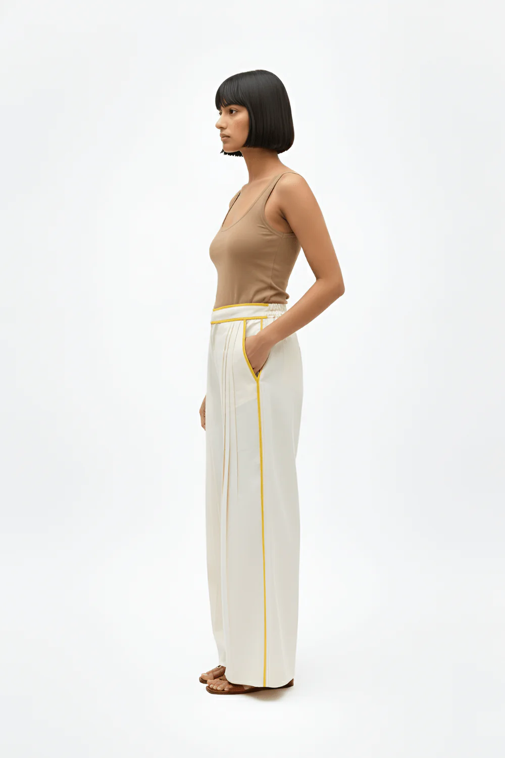 Ivory-Mango Yellow Pintucks Pants - Image 2