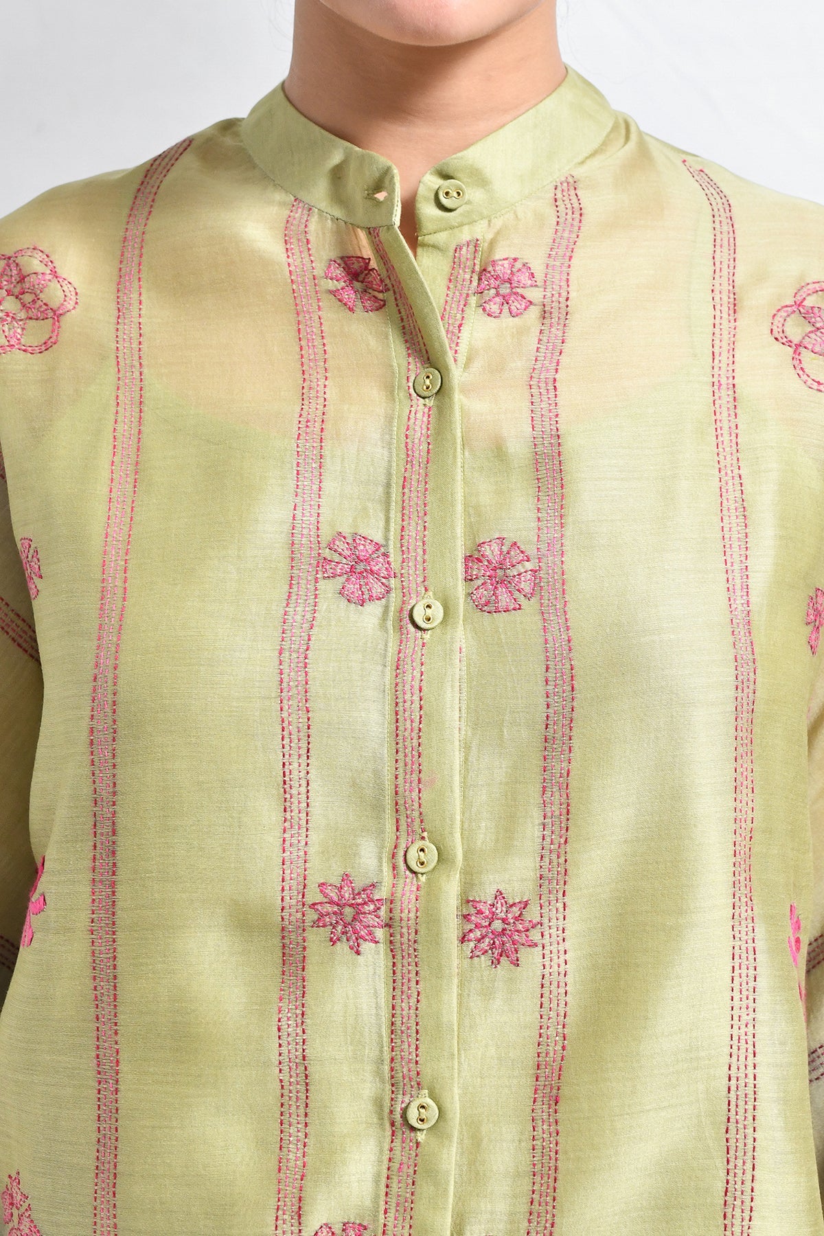 Kantha Embroidered Chanderi SIlk Kaftan Co-ord (Set of 3) - Pista Green - Image 2