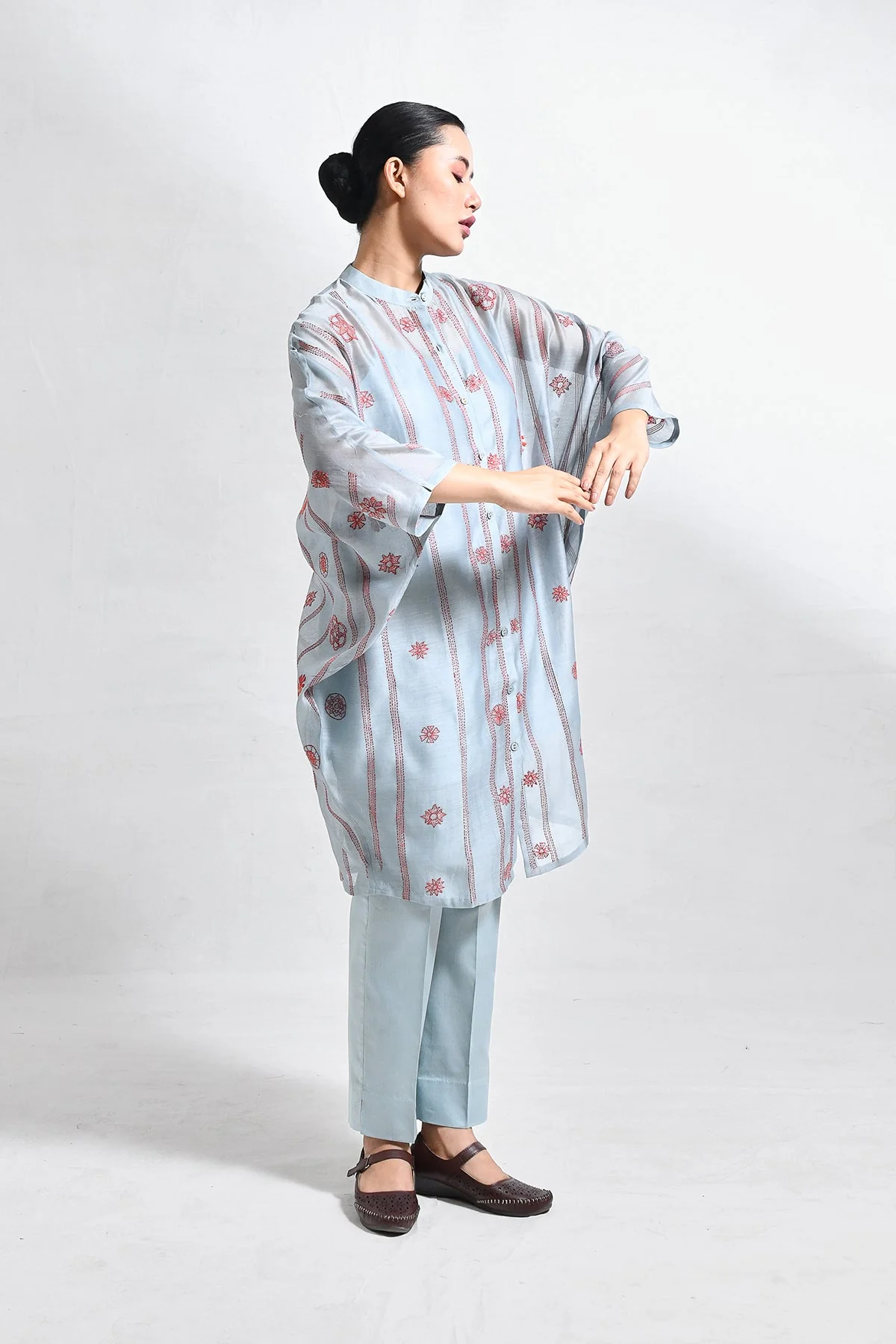 Kantha Embroidered Chanderi Silk Kaftan Set - Image 4