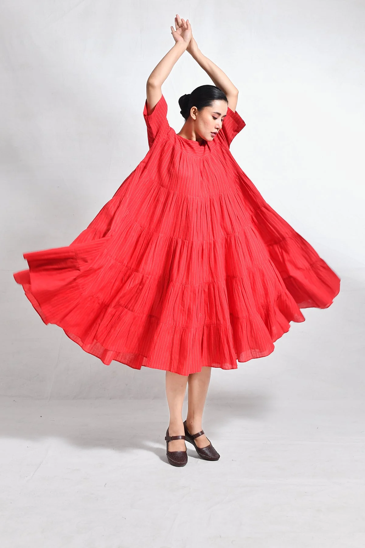 Khadi Striped Tier Dress - Red