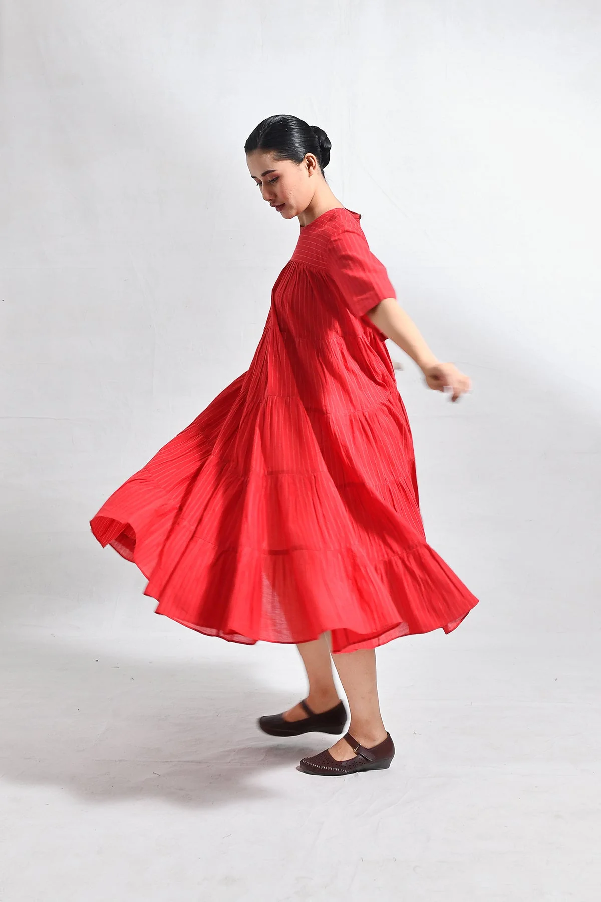 Khadi Striped Tier Dress - Red - Image 2