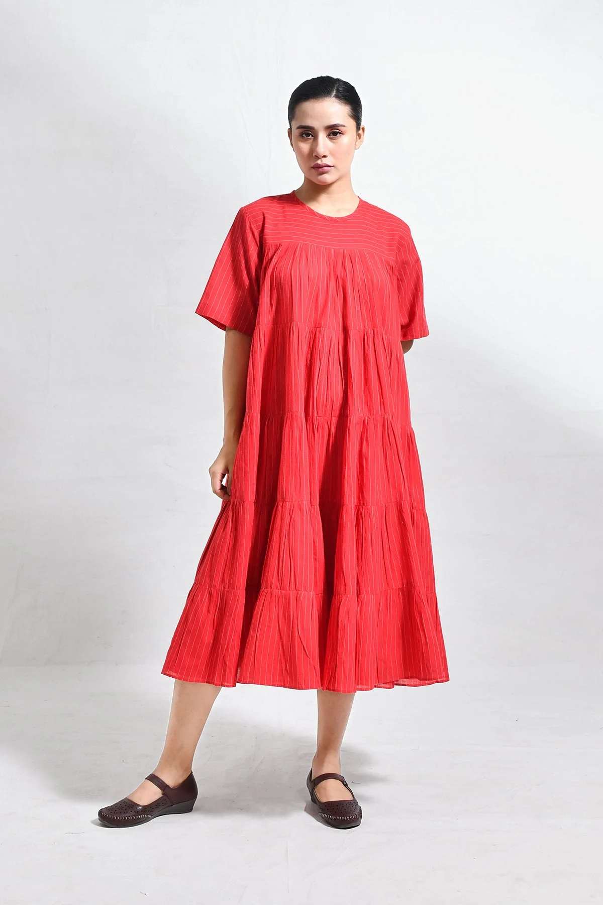 Khadi Striped Tier Dress - Red - Image 4