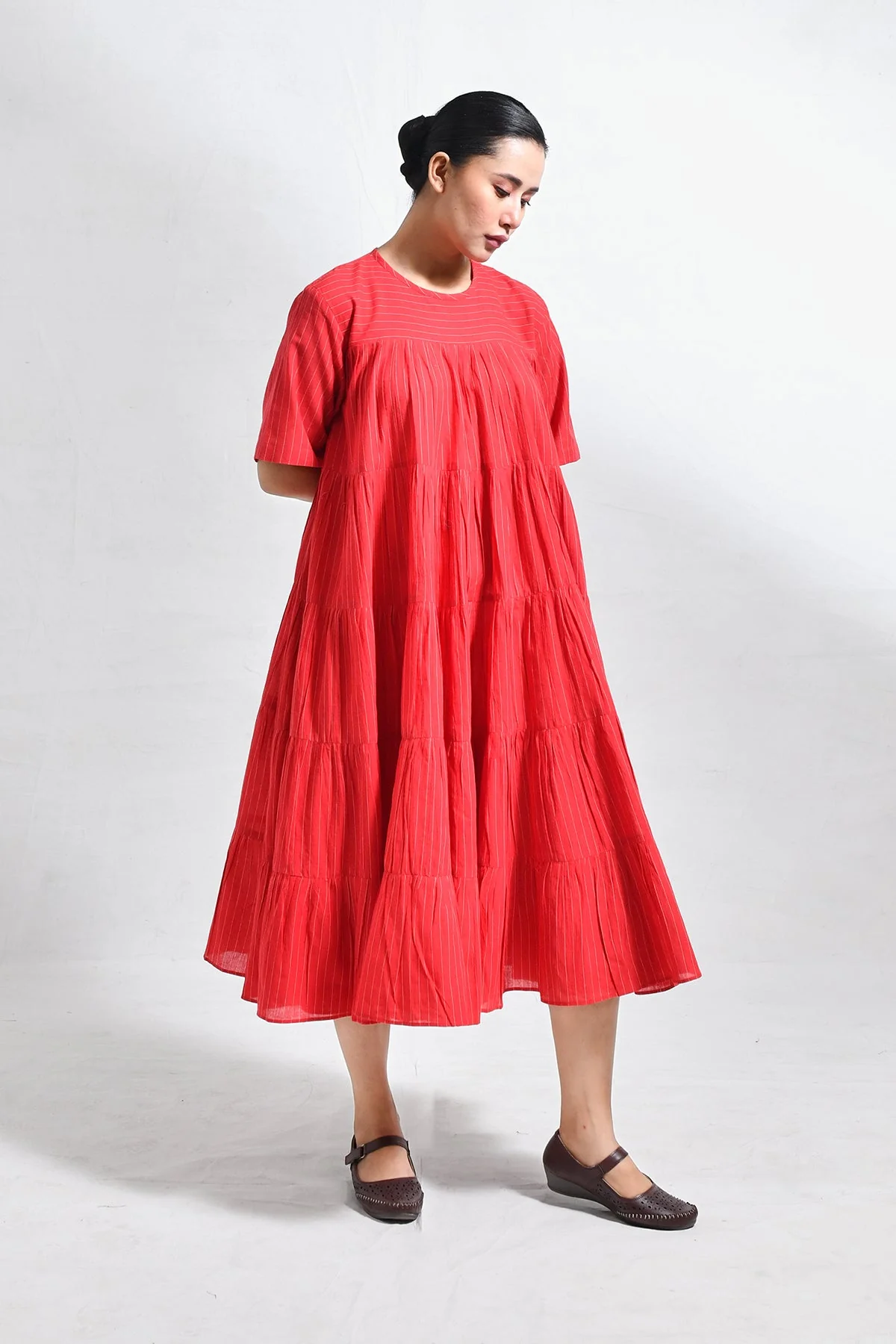 Khadi Striped Tier Dress - Red - Image 5