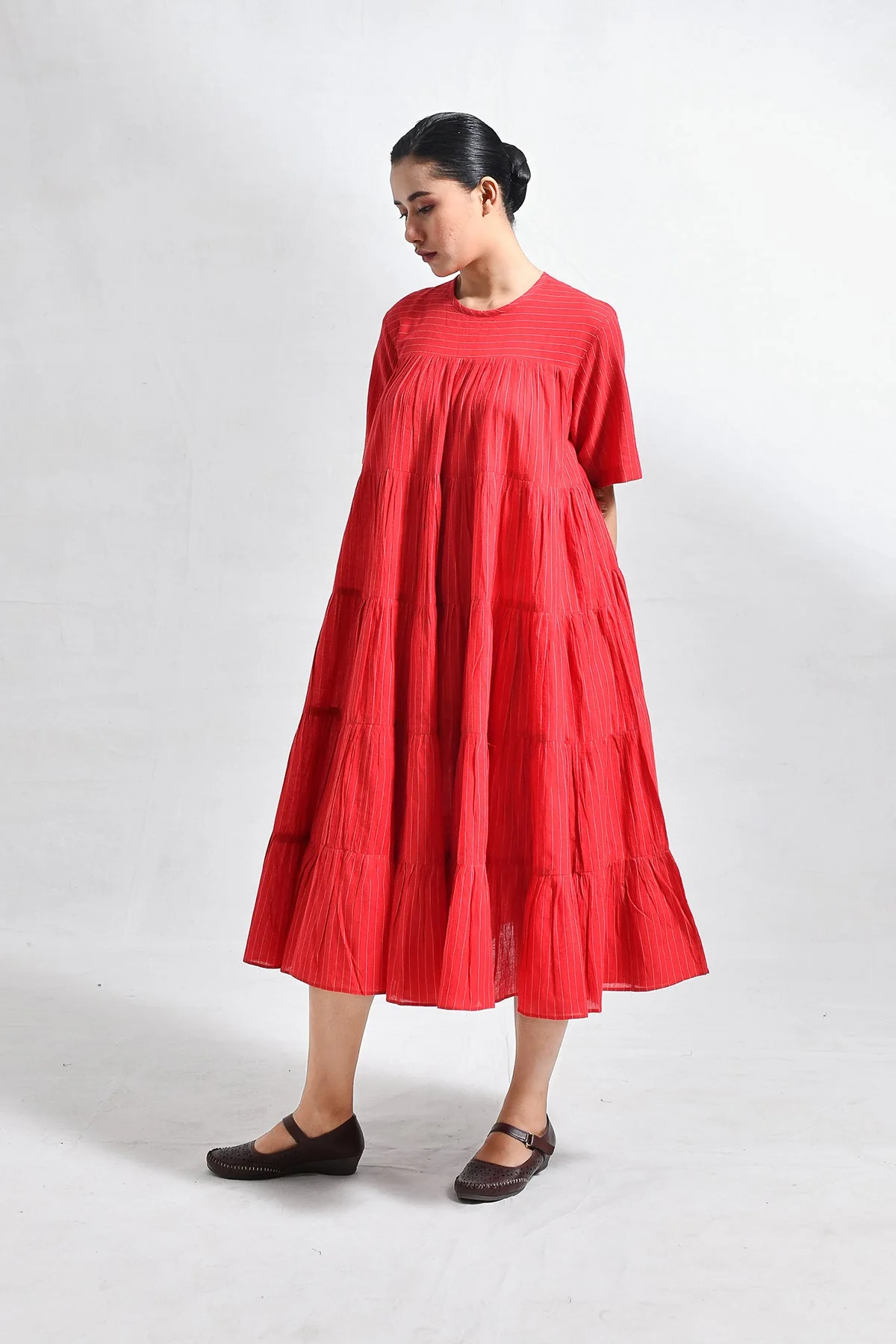 Khadi Striped Tier Dress - Red - Image 7