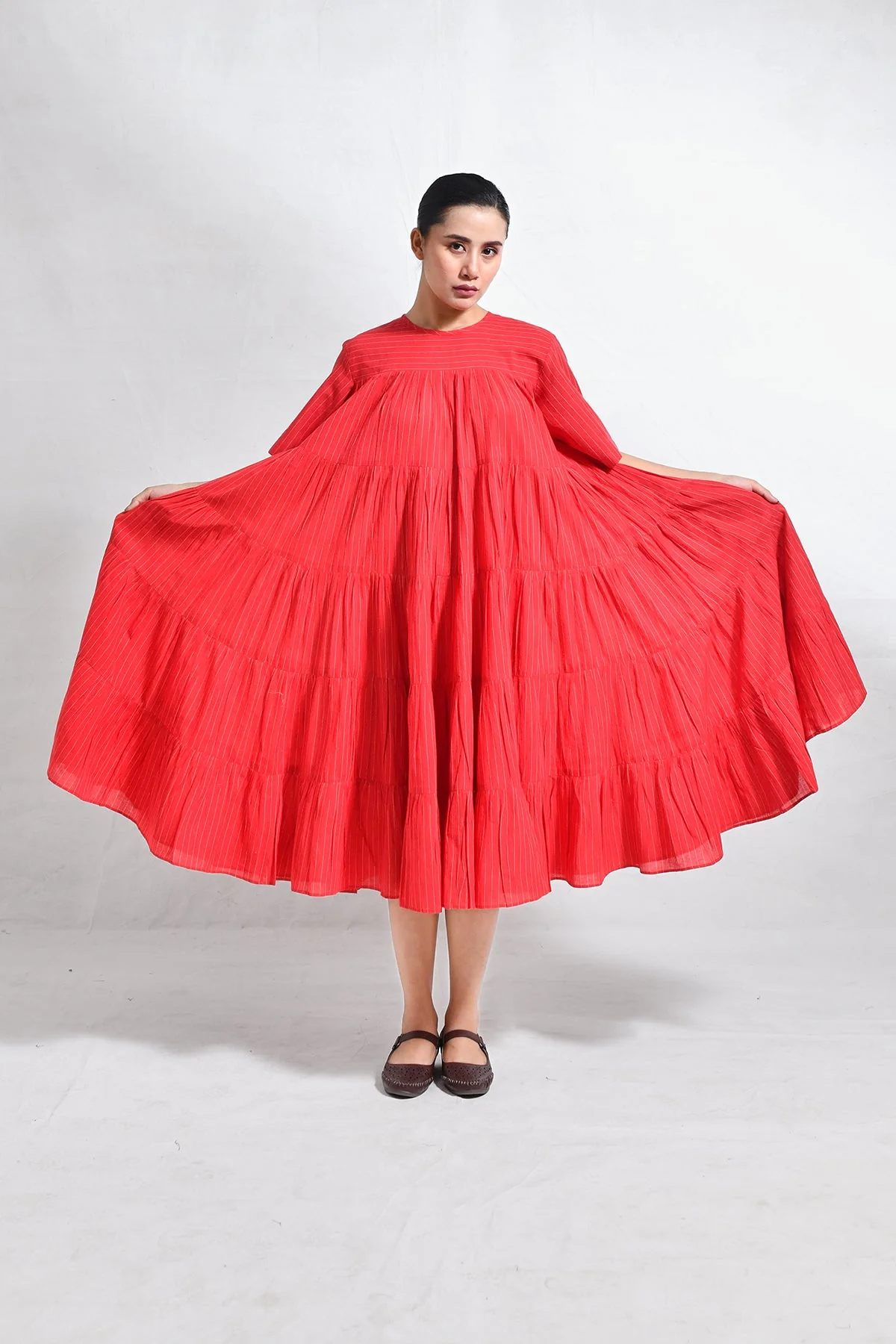 Khadi Striped Tier Dress - Red - Image 9
