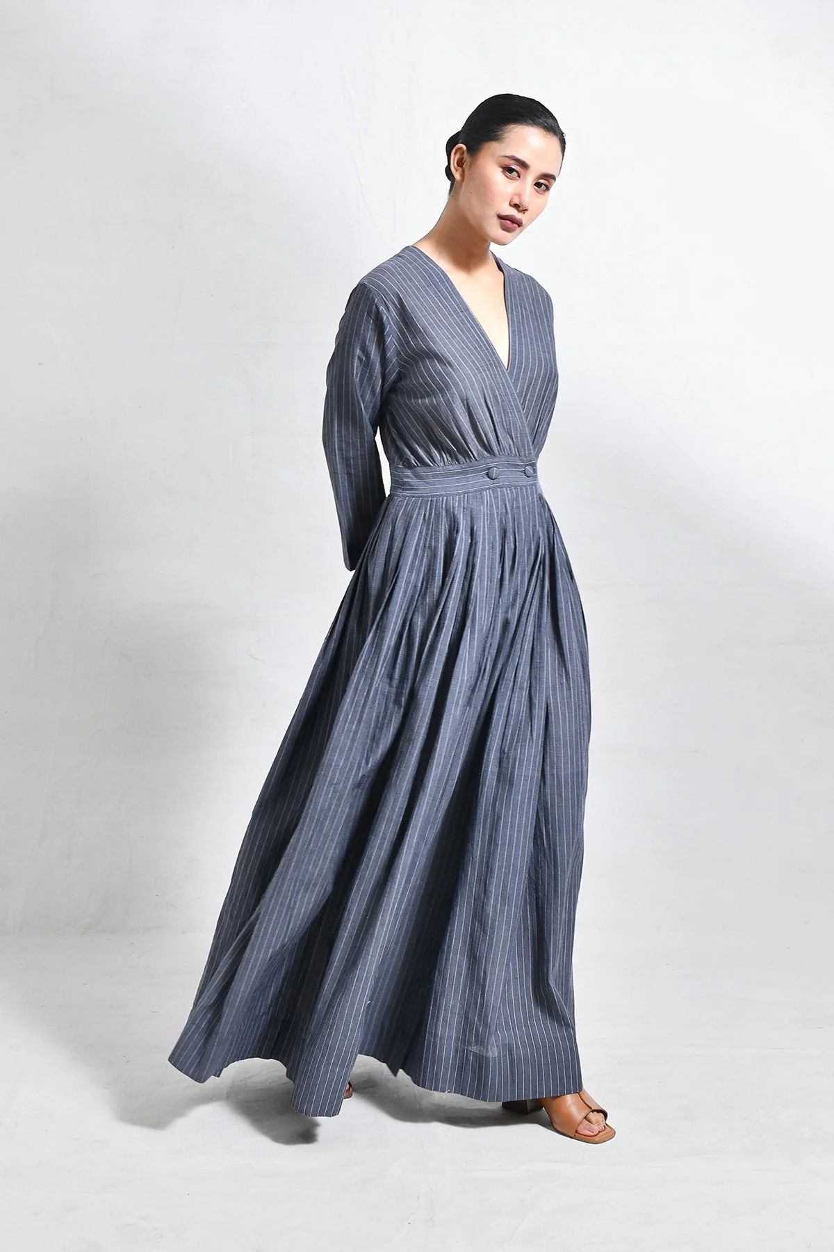 Khadi Stripes Wrap Dress - Charcoal