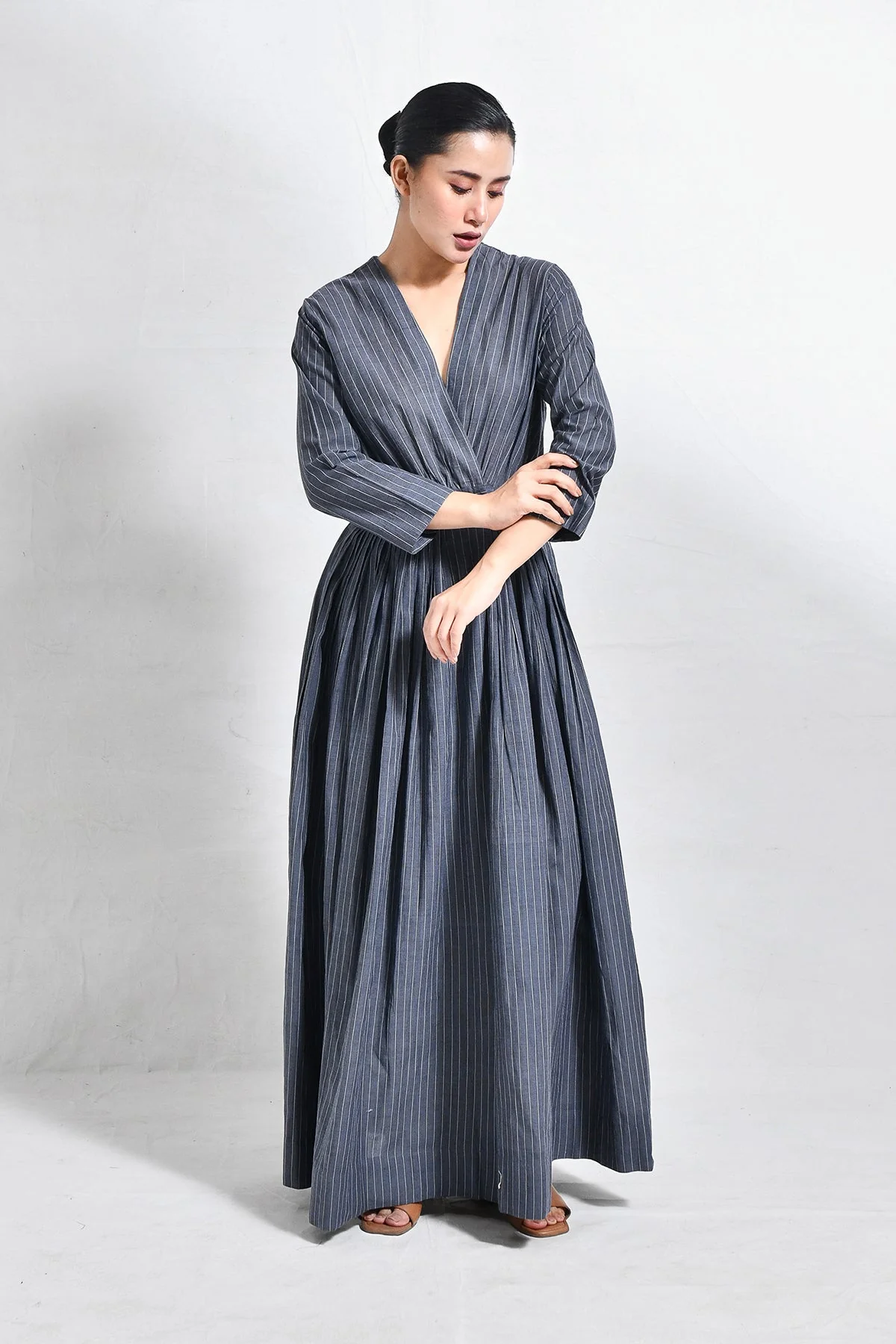 Khadi Stripes Wrap Dress - Charcoal - Image 4