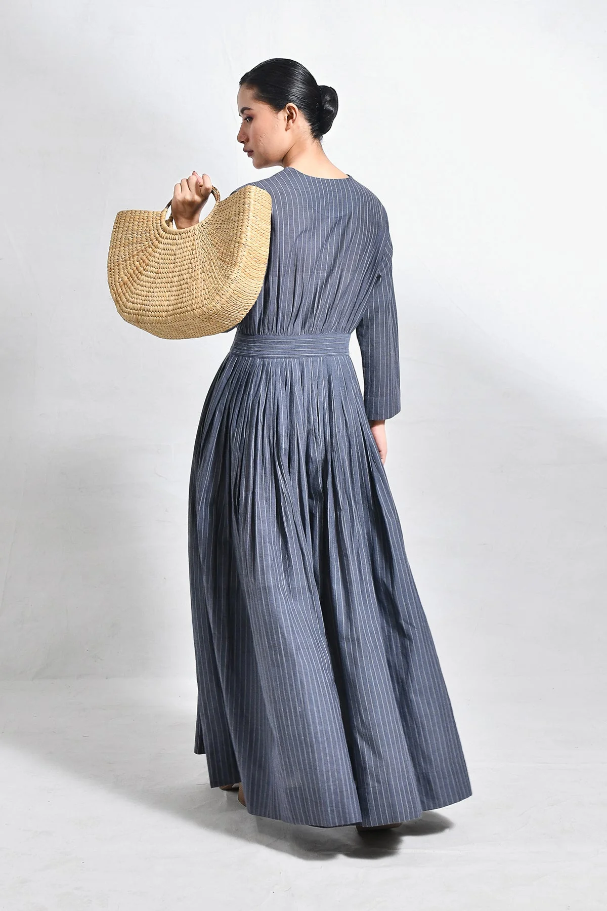 Khadi Stripes Wrap Dress - Charcoal - Image 9