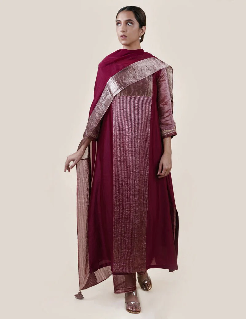 Mauve Tissue Stripes/Chanderi Silk - A-line Kurta Set