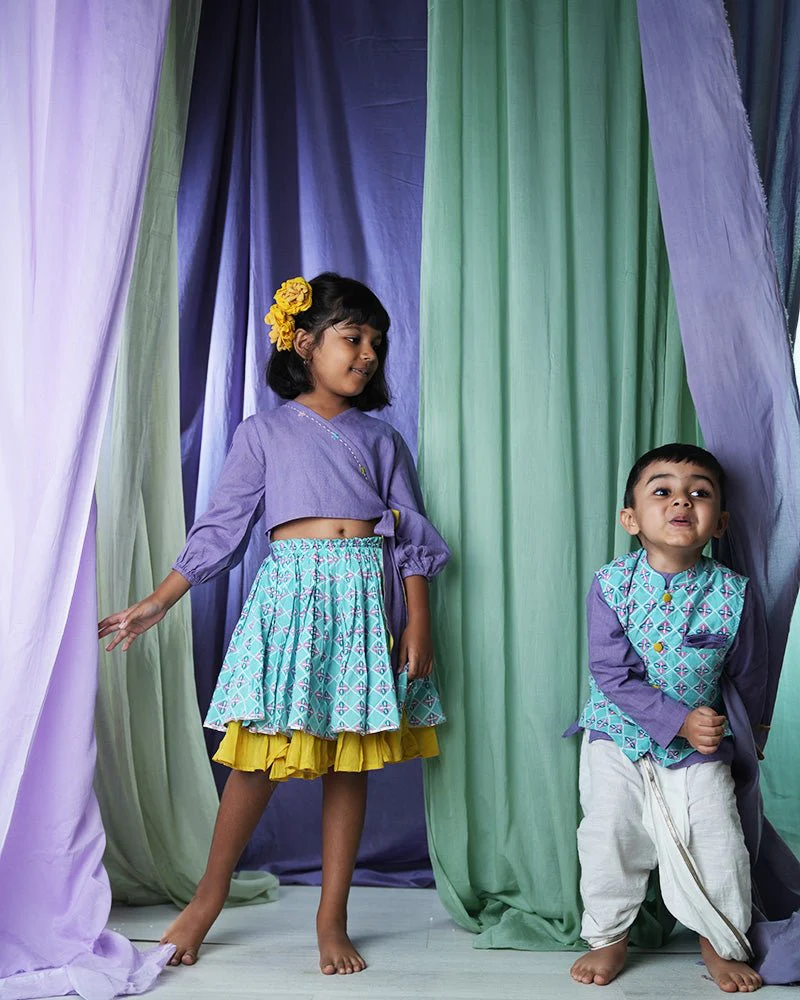 ‘Mosaic Magic’ Girls Ethnic Wear Wrap Top and Lehenga Skirt Set - Image 5