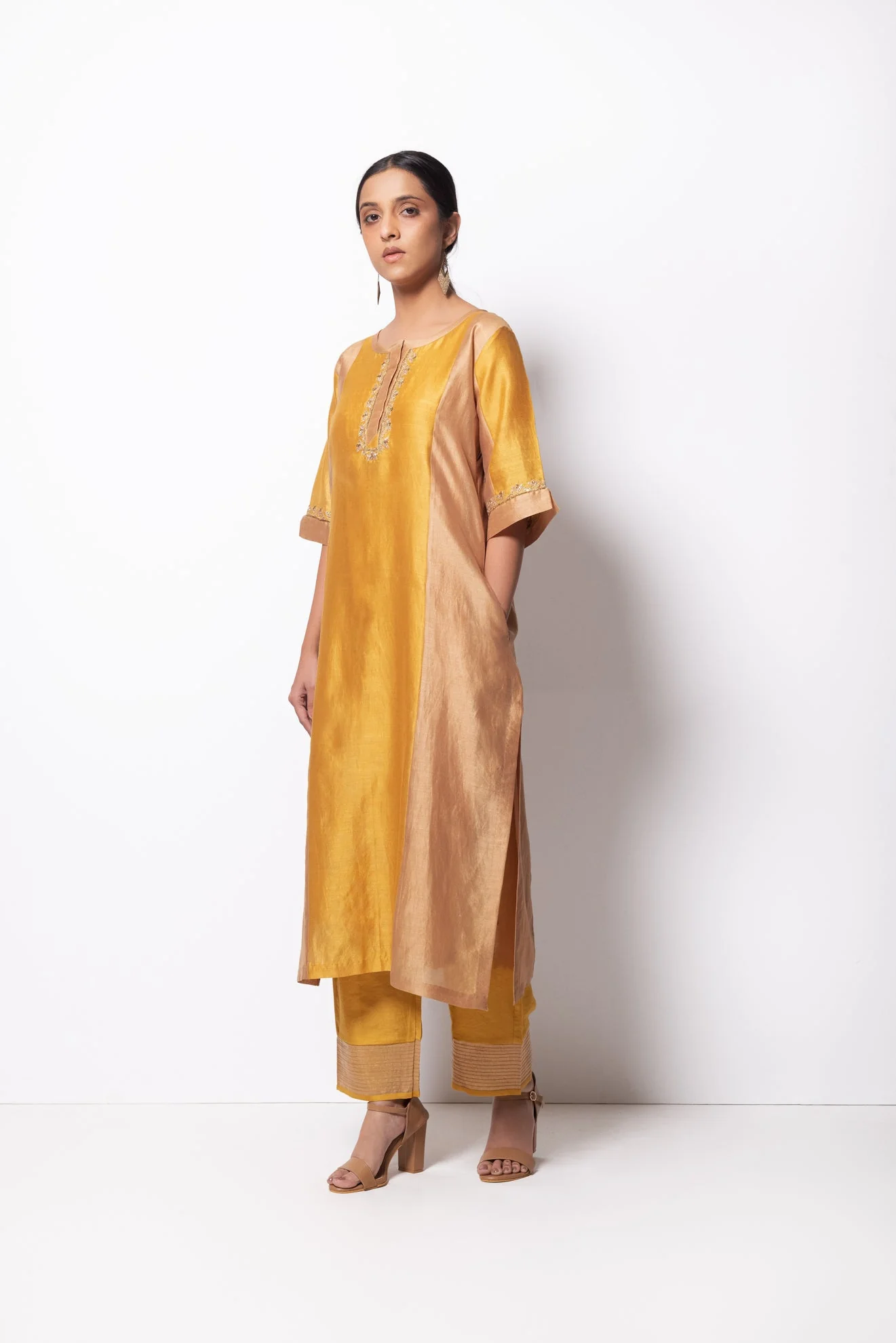 Mustard Chanderi Silk Kurta Set with Dupatta - Image 3