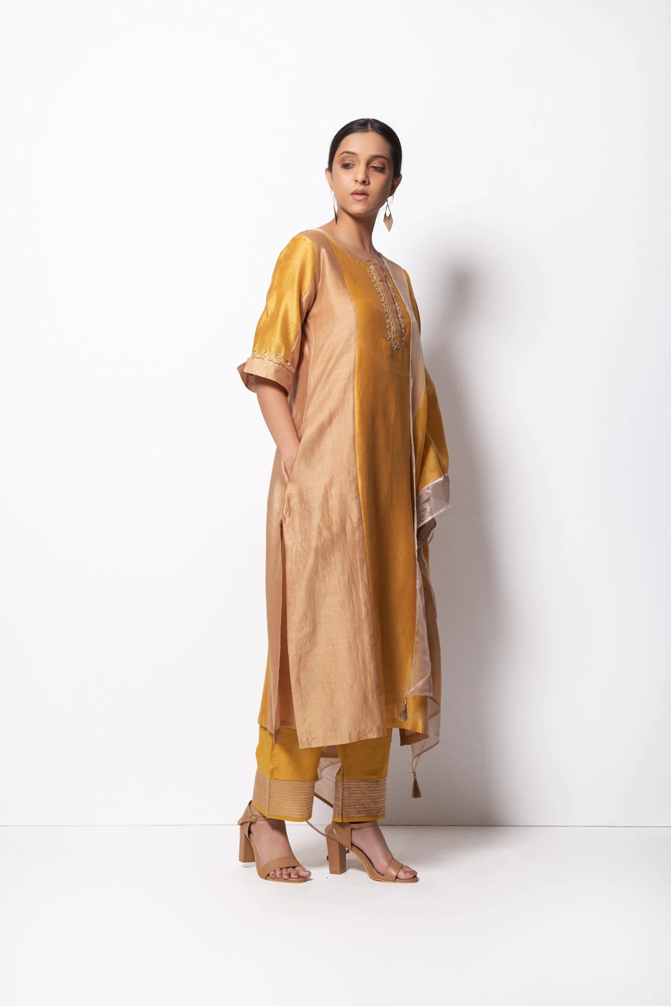 Mustard Chanderi Silk Kurta Set with Dupatta - Image 4