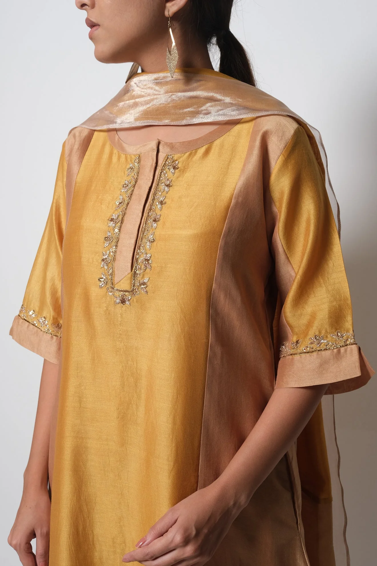 Mustard Chanderi Silk Kurta Set with Dupatta - Image 5