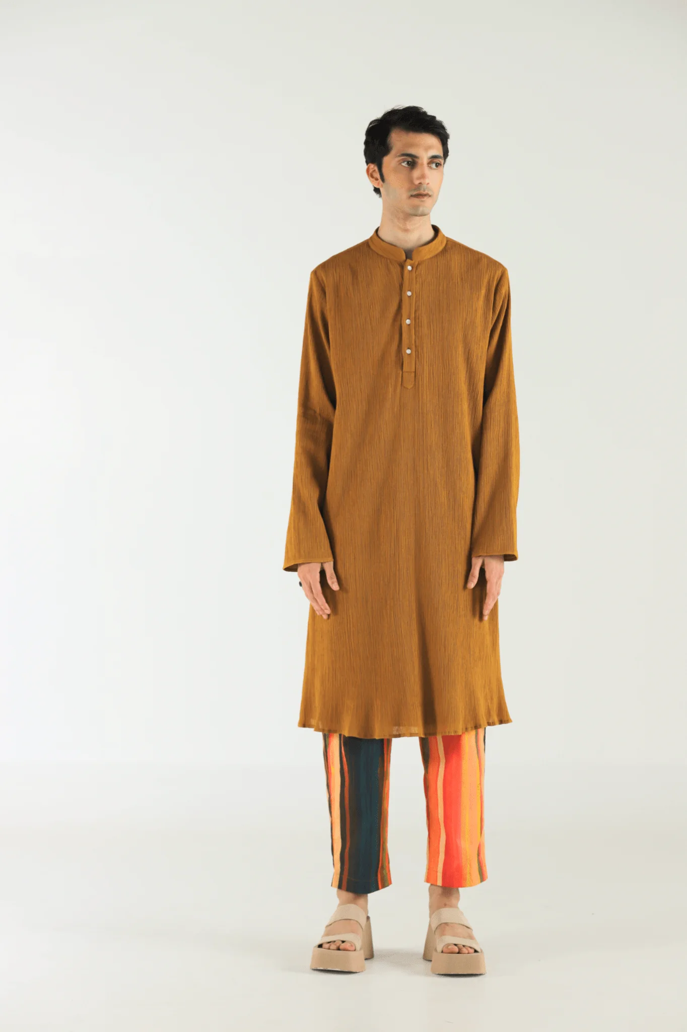 Mustard Crushed Cotton Kurta Set