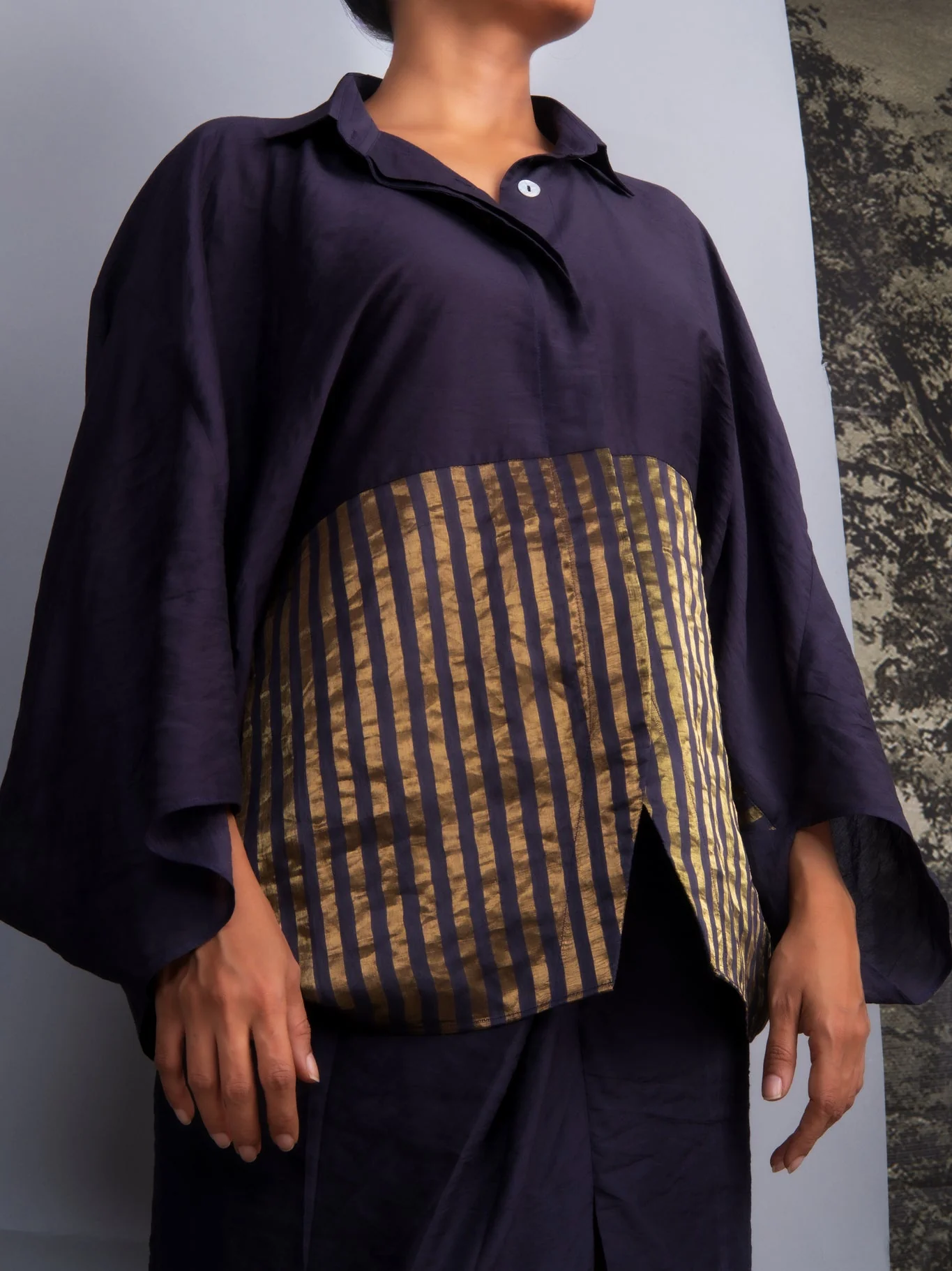 Navy Blue Chanderi Batwing Co-ord Set - Image 2