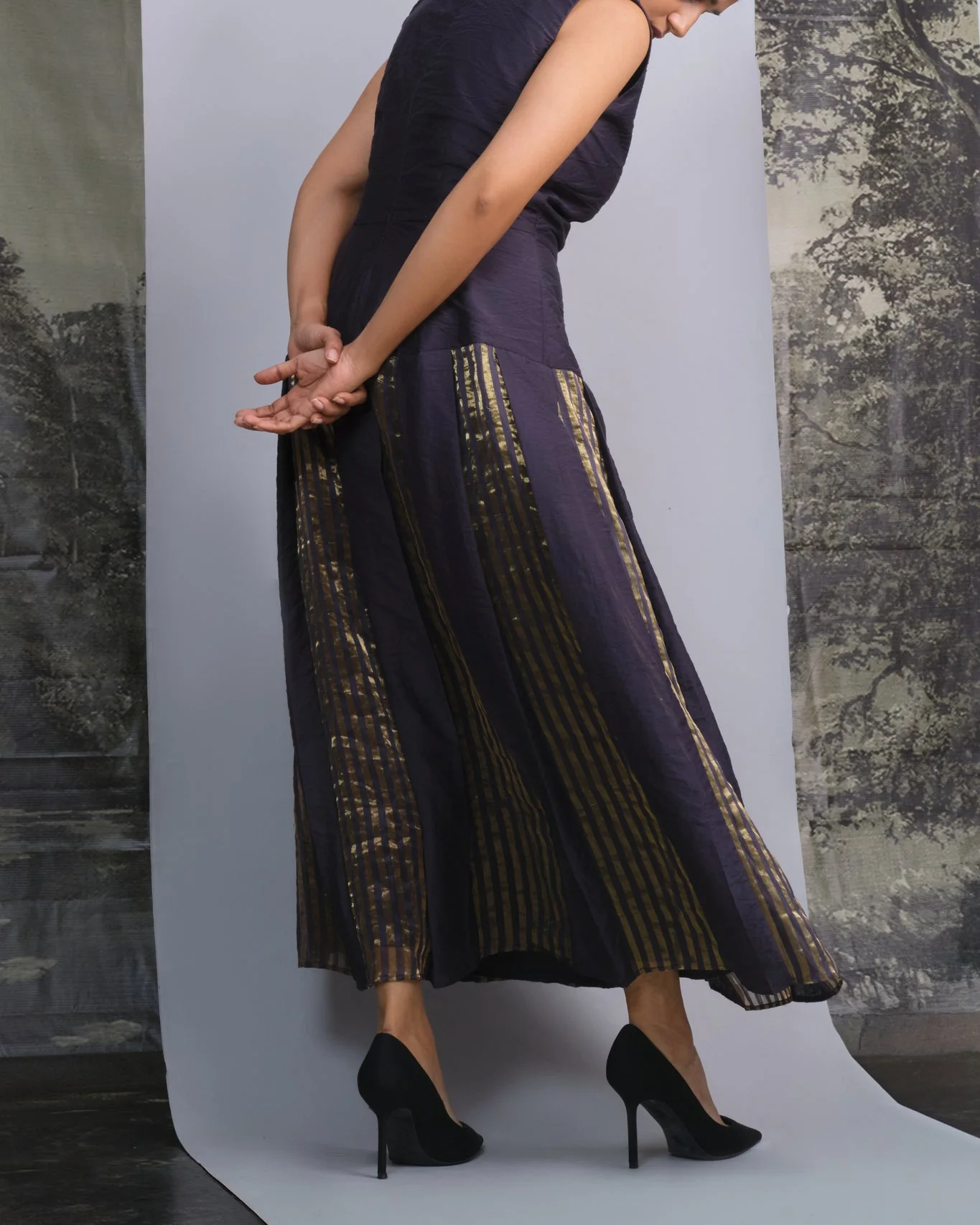 Navy Gold Chanderi Striped Dress - Image 3
