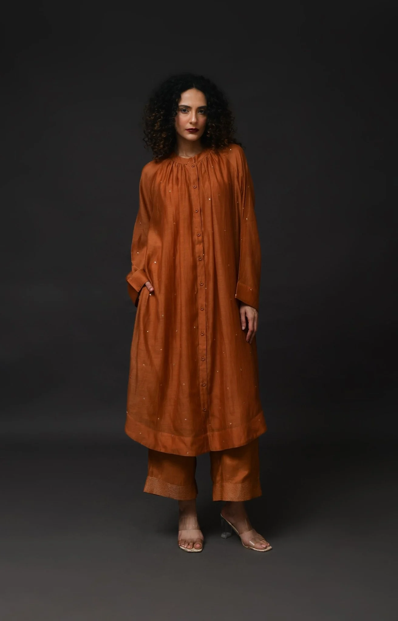 Neck Gather Metallic Dots Chanderi Co-ord (Set of 2) - Copper