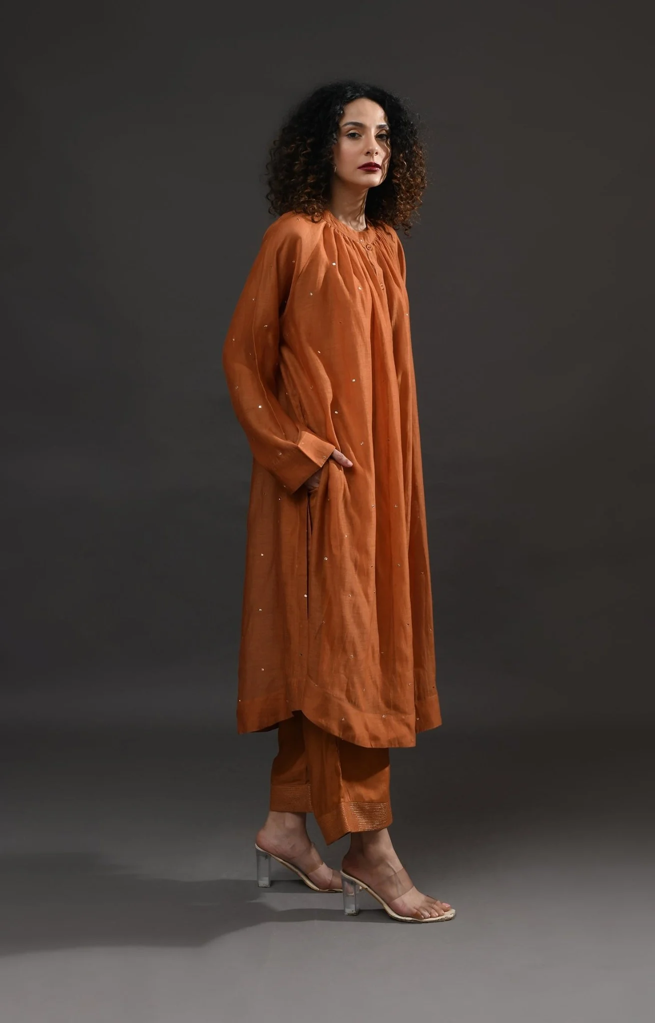 Neck Gather Metallic Dots Chanderi Co-ord (Set of 2) - Copper - Image 3