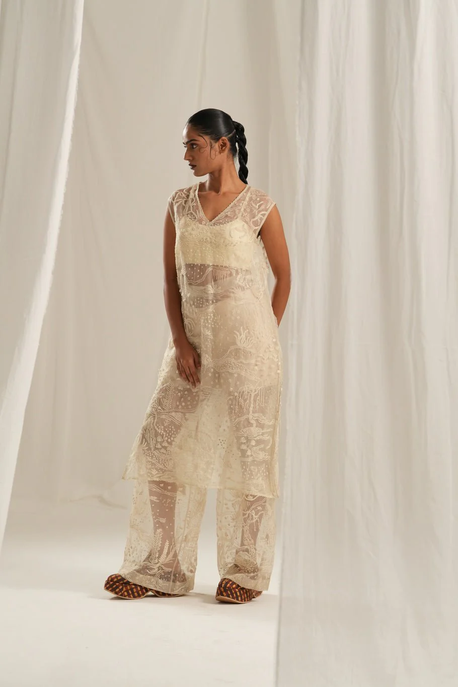 Off White Sheer Emb. Kurta Set
