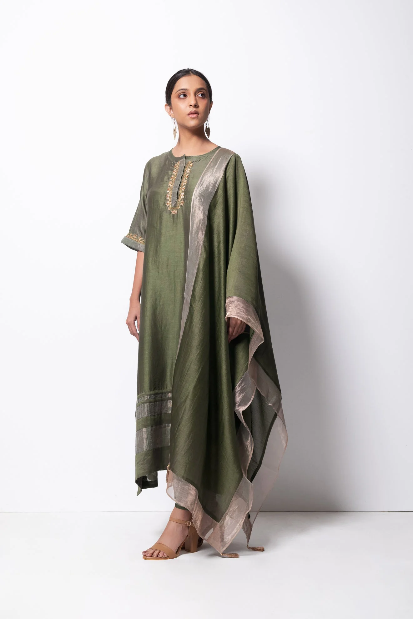 Olive Chanderi Silk Kurta Set with Dupatta - Image 3