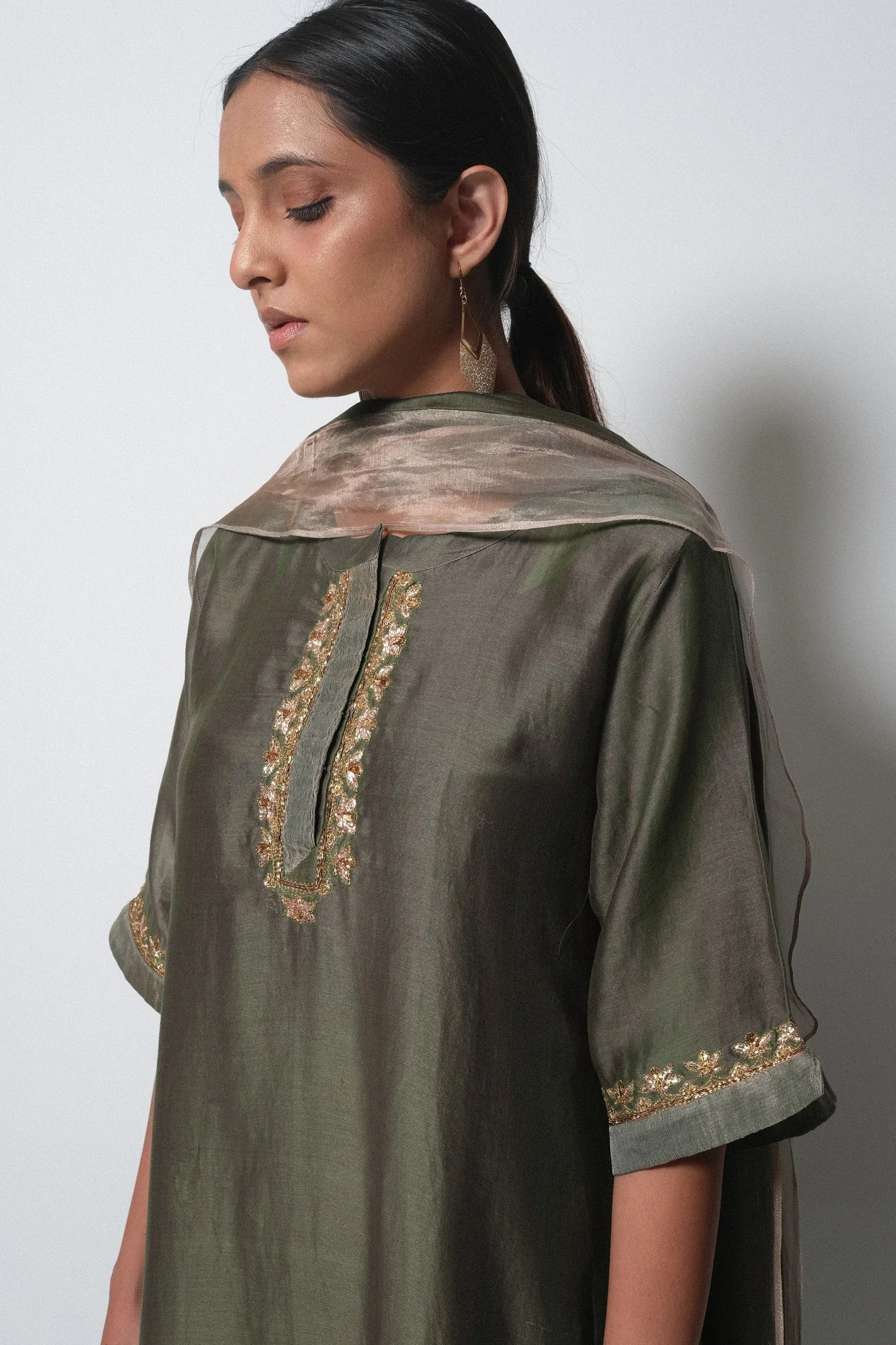 Olive Chanderi Silk Kurta Set with Dupatta - Image 4